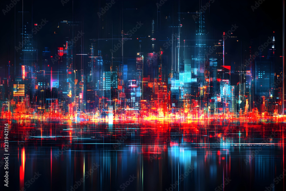Obraz premium Futuristic city skyline at night, reflecting in water