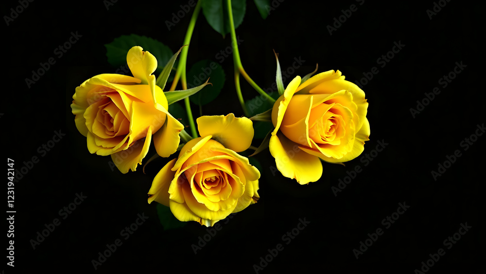 A breathtaking arrangement of yellow roses, their vivid petals shining against the deep black background