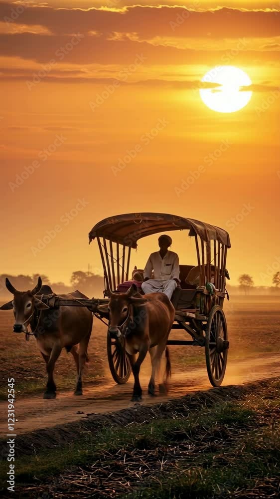 A serene sunset scene featuring a man riding a bullock cart along a rural path with warm golden hues A serene sunset scene featuring a man riding a bullock cart along a rural path with warm golden hues