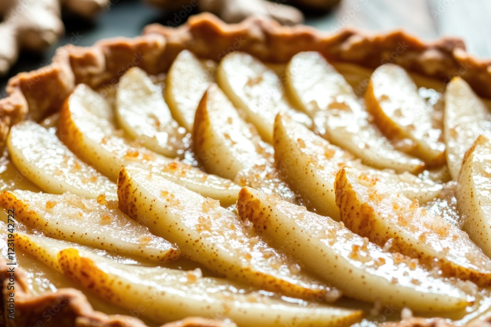 A close-up shot of a slice of apple pie with caramelized apples A close-up shot of a slice of apple pie with caramelized apples