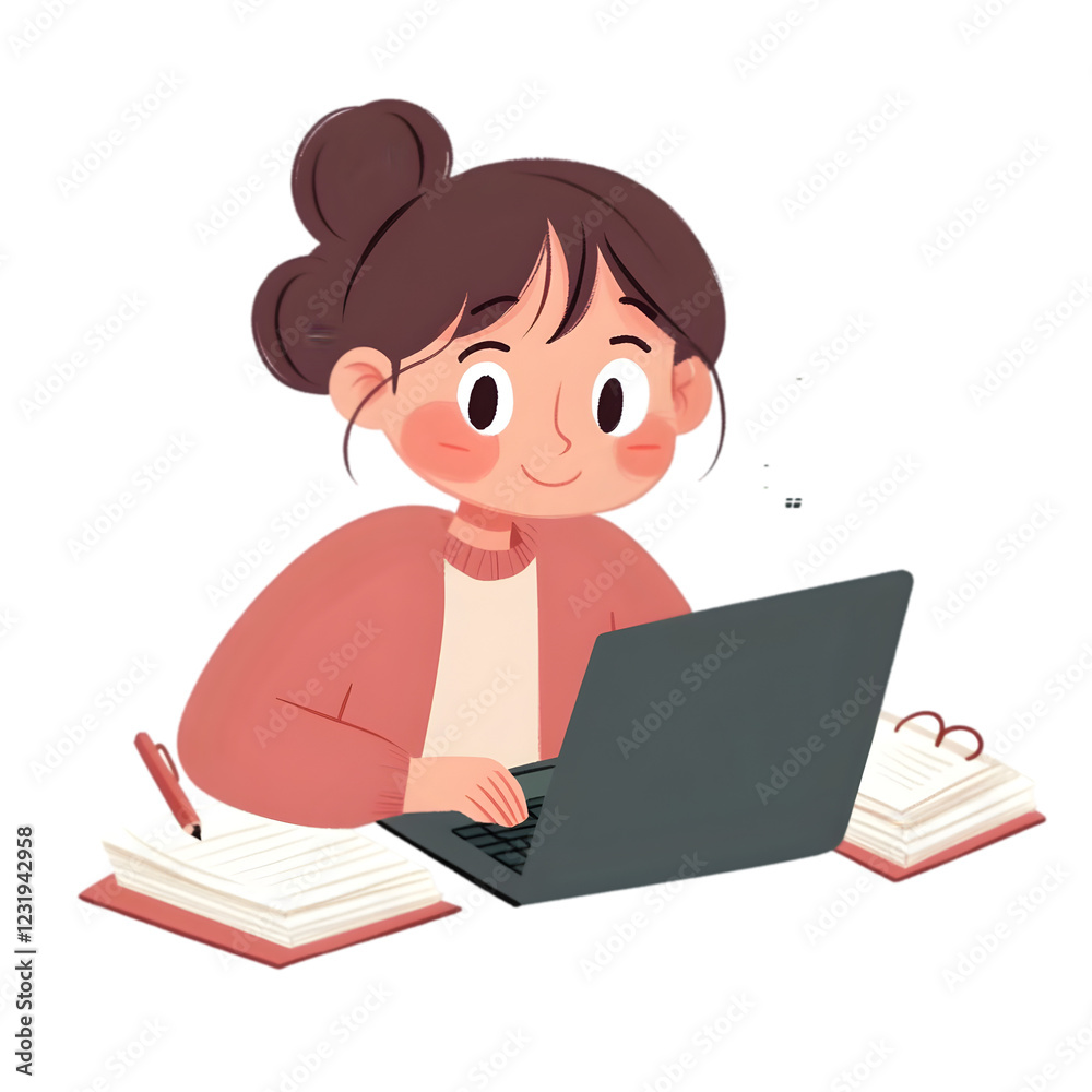 animated illustration of a person studying with a laptop and notes, feeling motivated and working hard, isolated on a white background animated illustration of a person studying with a laptop and notes, feeling motivated and working hard, isolated on a white background