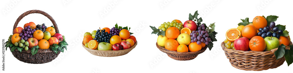 set of A basket of fresh apples, oranges and grapes, A fruit basket of apples, oranges and, grapes, A basket filled with fresh apples, oranges and grapes, on a transparent backgrounds set of A basket of fresh apples, oranges and grapes, A fruit basket of apples, oranges and, grapes, A basket filled with fresh apples, oranges and grapes, on a transparent backgrounds