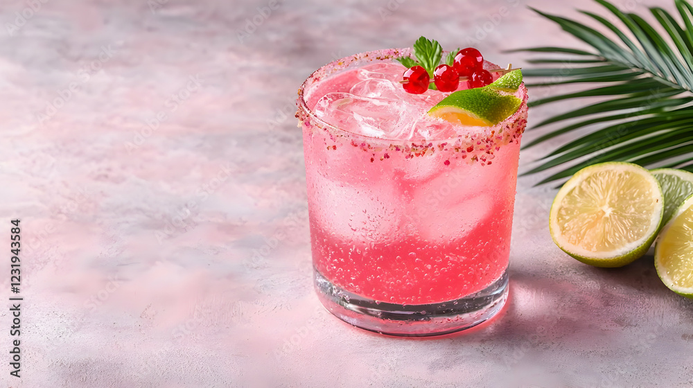Pink cocktail with berries, lime, and ice on pink background Pink cocktail with berries, lime, and ice on pink background