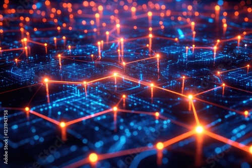 Abstract IoT network with glowing nodes forming a web of interconnected devices.