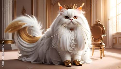 A big white cat with orange eyes, long whiskers, a long golden tail, wearing golden shoes sat in the palace.