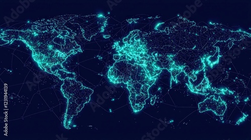 Global Data Center Network Map, detailed visualization of key cloud computing hubs and server farms, highlighting connectivity and distribution across regions.