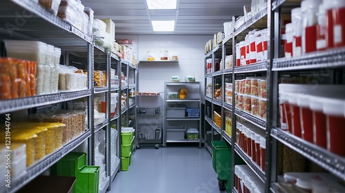 Organized food storage room, shelves full of containers, efficient pantry, commercial kitchen background, restaurant supply image photo