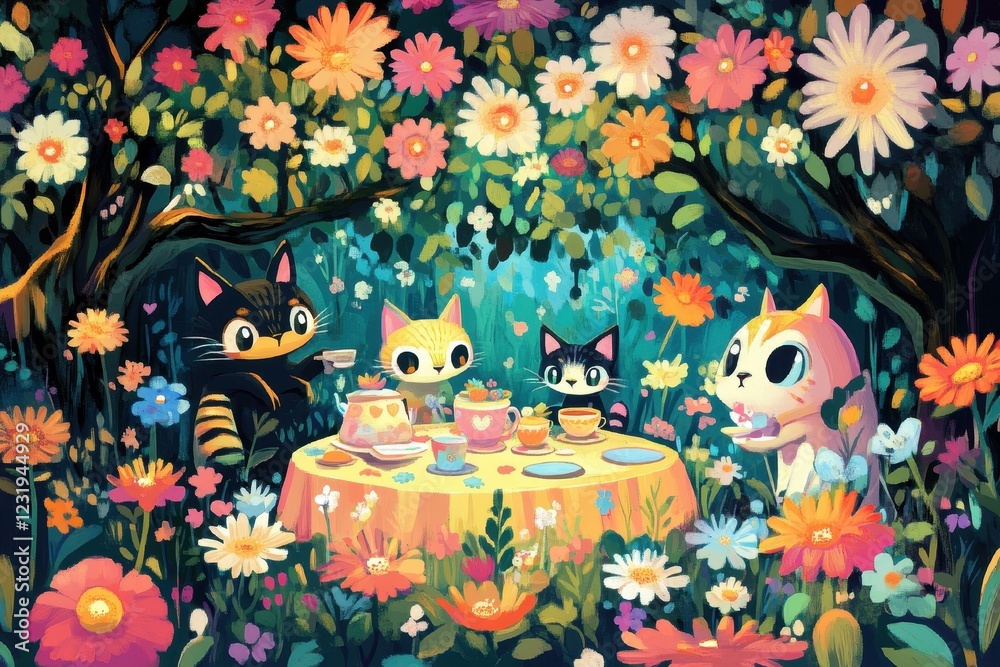 Fototapeta premium Cats Enjoying Afternoon Tea Party in a Flower Garden