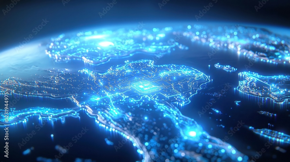 Futuristic World Map of AI Networks, illustrating global connections, vibrant nodes representing artificial intelligence systems, dynamic data flow across continents. Futuristic World Map of AI Networks, illustrating global connections, vibrant nodes representing artificial intelligence systems, dynamic data flow across continents.