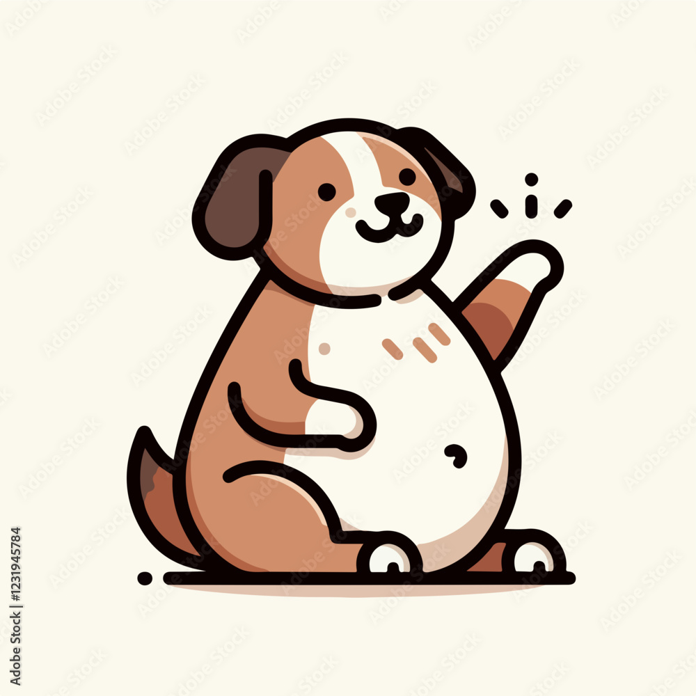 Chubby Dog Waving Hello: A cartoon illustration of a cute, chubby dog with a big, friendly smile, waving with one paw. Chubby Dog Waving Hello: A cartoon illustration of a cute, chubby dog with a big, friendly smile, waving with one paw.