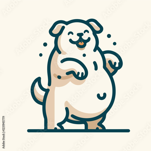 Happy Dog Illustration: A cheerful dog with a plump belly and a wide grin, presented in a simplified and playful line art style, radiating joy and positivity.  