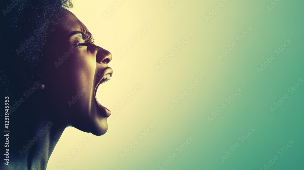 Profile view of a woman shouting with open mouth and closed eyes, expressing emotions of anger, stress, or protest against a green and yellow background Profile view of a woman shouting with open mouth and closed eyes, expressing emotions of anger, stress, or protest against a green and yellow background
