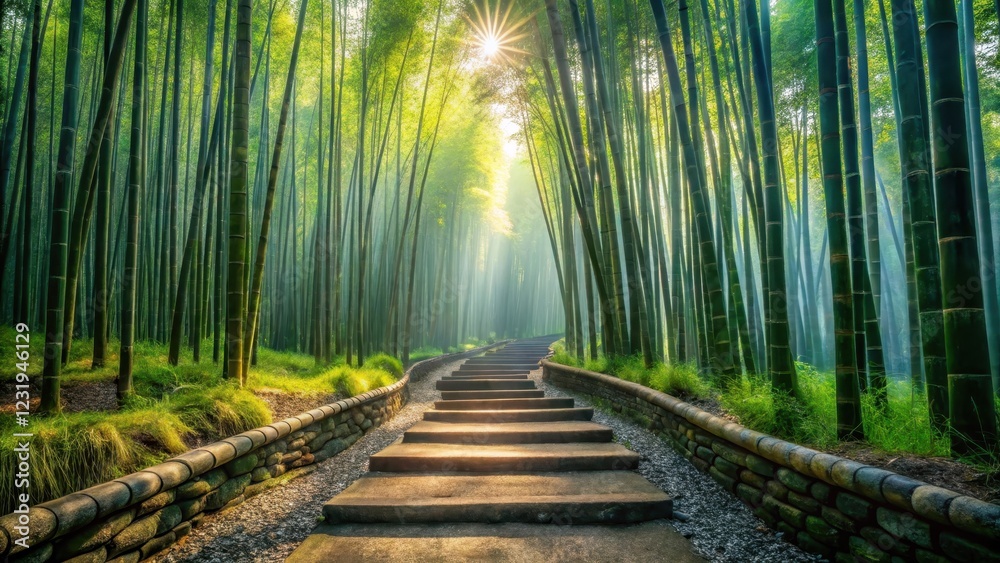 Serene Stone Steps Ascending Through a Sunlit Bamboo Grove, a Pathway to Tranquility and Natural Beauty Serene Stone Steps Ascending Through a Sunlit Bamboo Grove, a Pathway to Tranquility and Natural Beauty