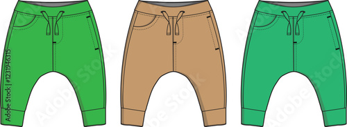 Kids Fashion Design Flat Sketch Harem Pants Green Beige