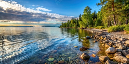 A serene lake shoreline with waves gently lapping against the rocky edge, water, lake, water, lake, calm, sun, water