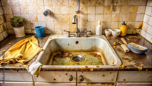 A neglected kitchen sink reveals years of accumulated grime and staining, showcasing a desperately needed deep clean.