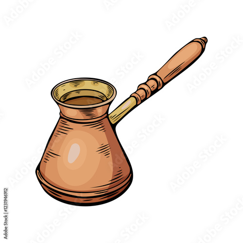Engraving, coffee turk, vector illustration in color and line sketch