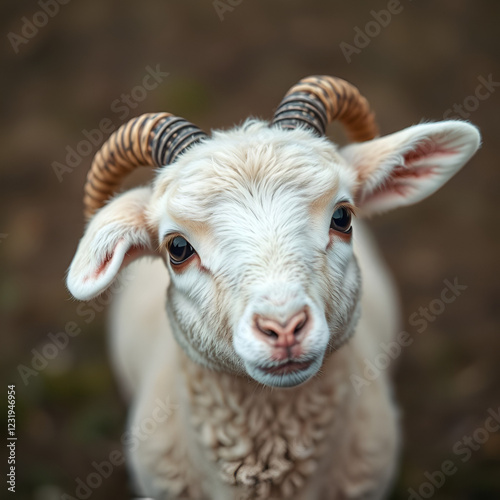 close up portrait of a cute portland sheep lamb with horns photo