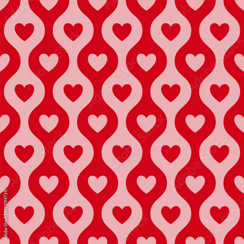 Seamless pattern with red and pink hearts on a pink background. Vector Valentine's day background.