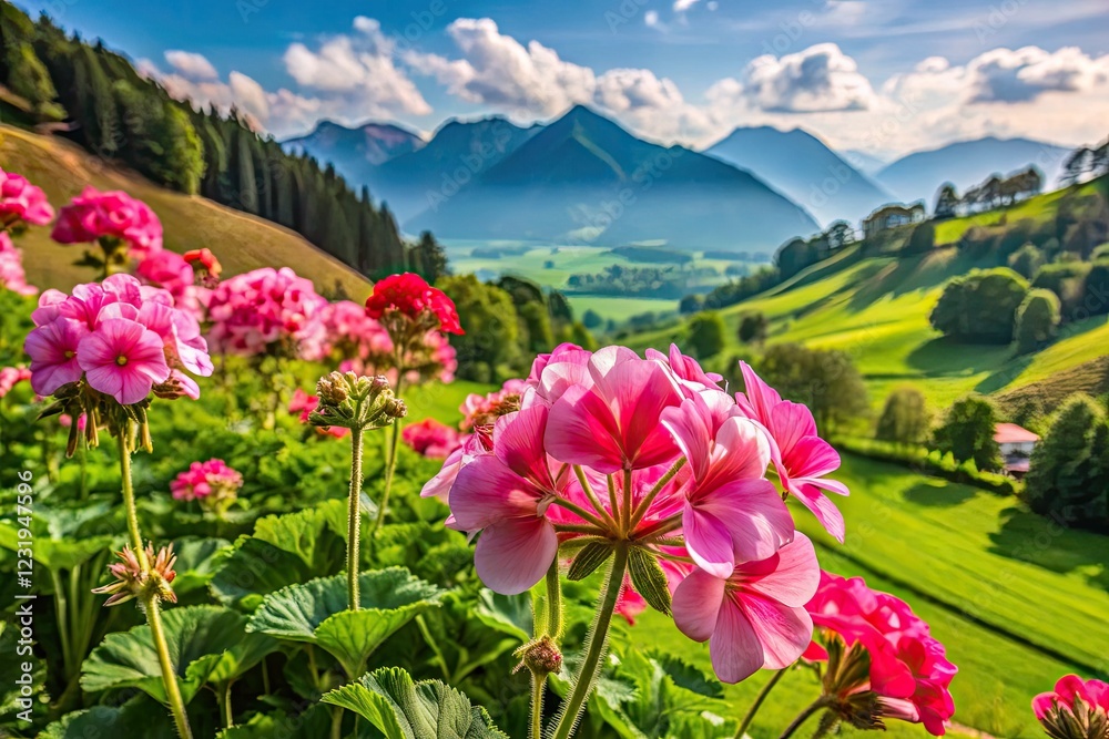 Obraz premium Stunning pink Pelargonium Endlicherianum blossoms paint the Swiss St. Gallen landscape.