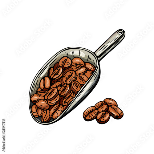 Engraving, spatula with coffee beans, vector illustration in color and line sketch