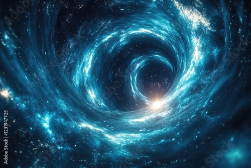 Abstract representation of a wormhole warping space, creating a tunnel of swirling, luminous energy.