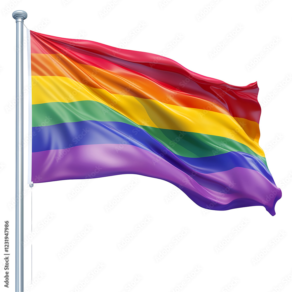 Fototapeta premium Rainbow Pride Flag waving proudly on a flagpole, vibrant colors symbolizing LGBTQ+ pride and acceptance