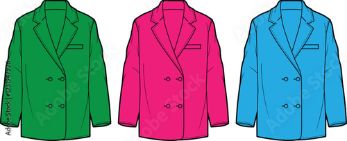 Women's Double Breasted Blazer Fashion Flat Sketch Green Pink Blue