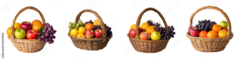 set of A basket of fresh apples, oranges and grapes, A fruit basket of apples, oranges and, grapes, A basket filled with fresh apples, oranges and grapes, on a transparent backgrounds set of A basket of fresh apples, oranges and grapes, A fruit basket of apples, oranges and, grapes, A basket filled with fresh apples, oranges and grapes, on a transparent backgrounds