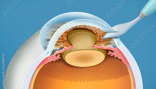 Descriptive illustration about cataract surgical incision. This is a precise cut in the cornea or sclera to remove the cloudy lens and restore vision.