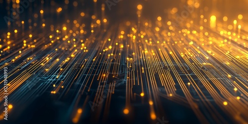 Futuristic gold and chrome illustration featuring metallic circuits and glowing lines over a dark gradient background