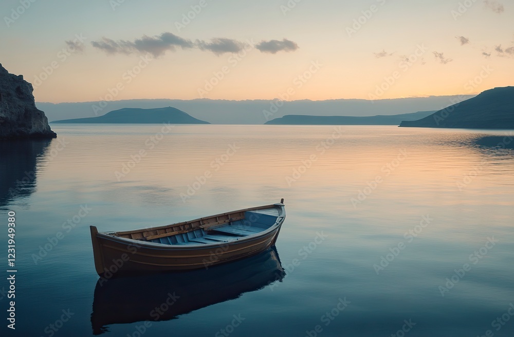 Solitary Wooden Rowboat at Peaceful Sunrise Seascape Solitary Wooden Rowboat at Peaceful Sunrise Seascape