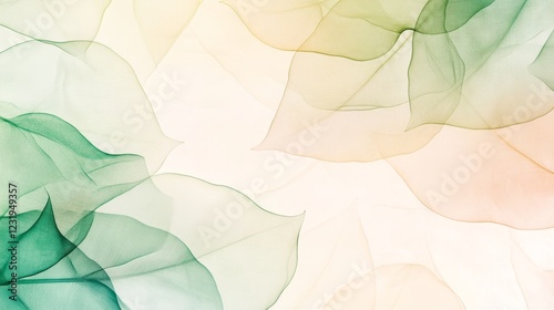 Botanical background with soft green layered leaves against a beige canvas illuminated by diffused light