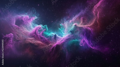 Vibrant cosmic background featuring a dreamy nebula in shades of purple and teal with scattered stars