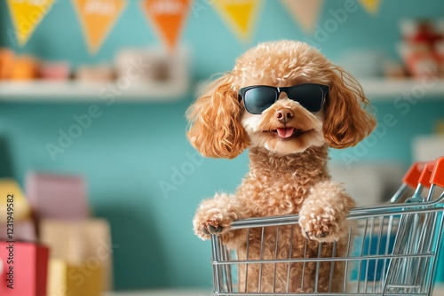 Stylish poodle in sunglasses enjoys a day of shopping in a chic cart with trendy accessories and boutique backdrop photo