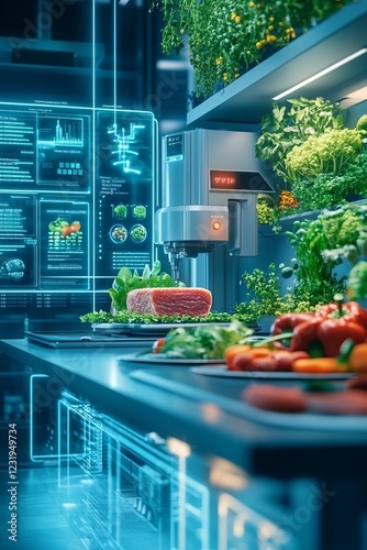 Futuristic kitchen featuring 3d-printed plant-based meat surrounded by fresh vegetables and advanced food technology
