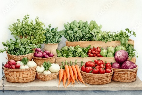 Vibrant watercolor illustration of a bustling farm market with fresh vegetables and a cozy rural vibe