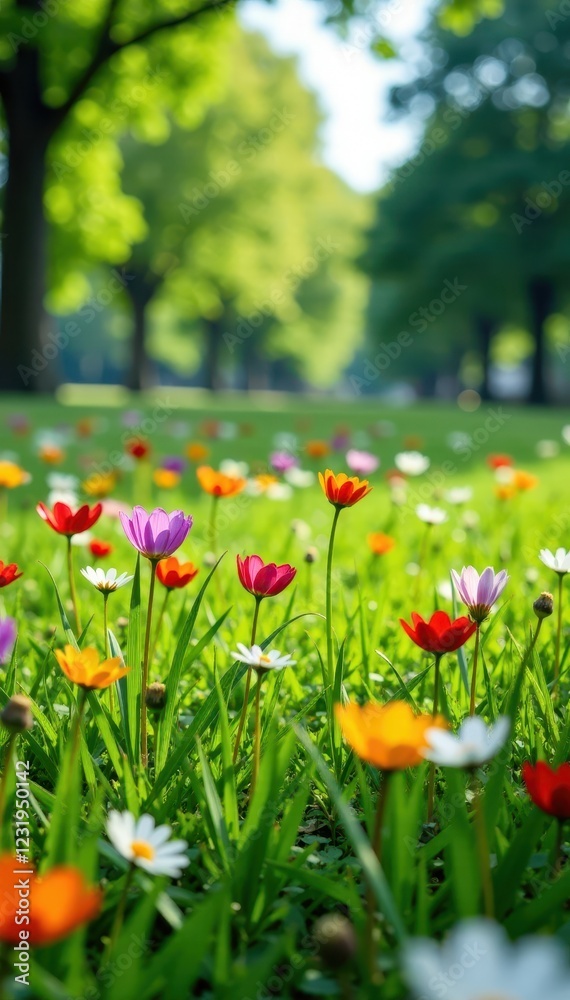 Overgrown lawn with colorful wildflowers and tall grass swaying in spring breeze, may, overgrowth Overgrown lawn with colorful wildflowers and tall grass swaying in spring breeze, may, overgrowth