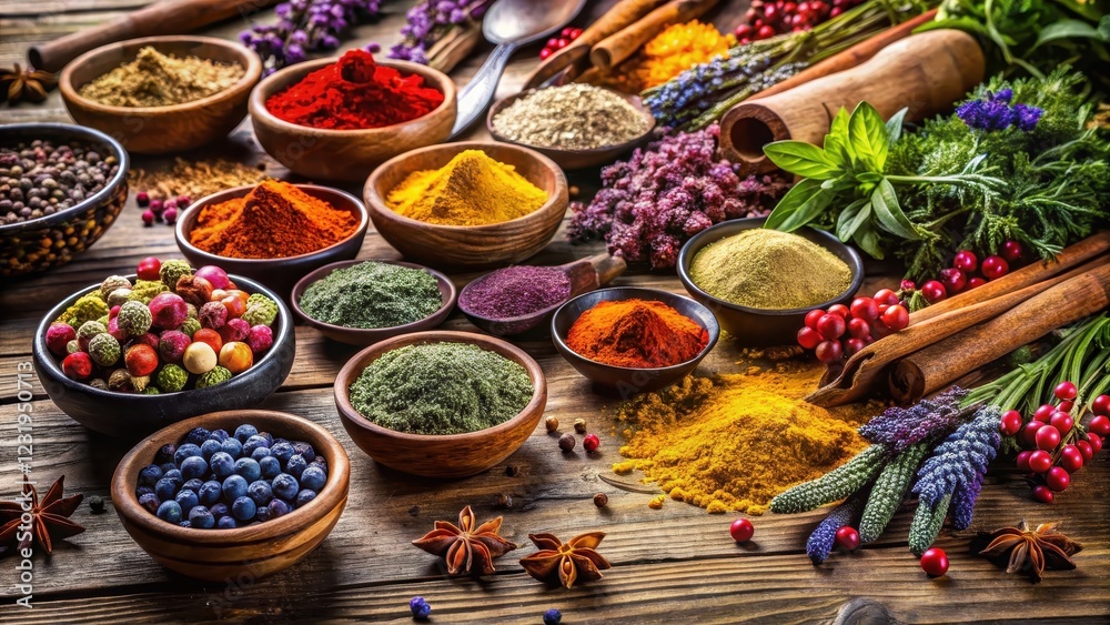 Fototapeta premium Various colorful spices on wooden table with aromatic herbs and dried flowers arranged artfully