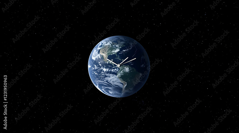 Earth clock, space background, time concept, website banner Earth clock, space background, time concept, website banner