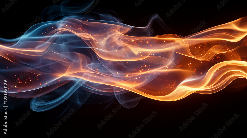 Abstract flame visualization with orange and blue smoke trails merging against black background, dynamic energy concept illustration Abstract flame visualization with orange and blue smoke trails merging against black background, dynamic energy concept illustration