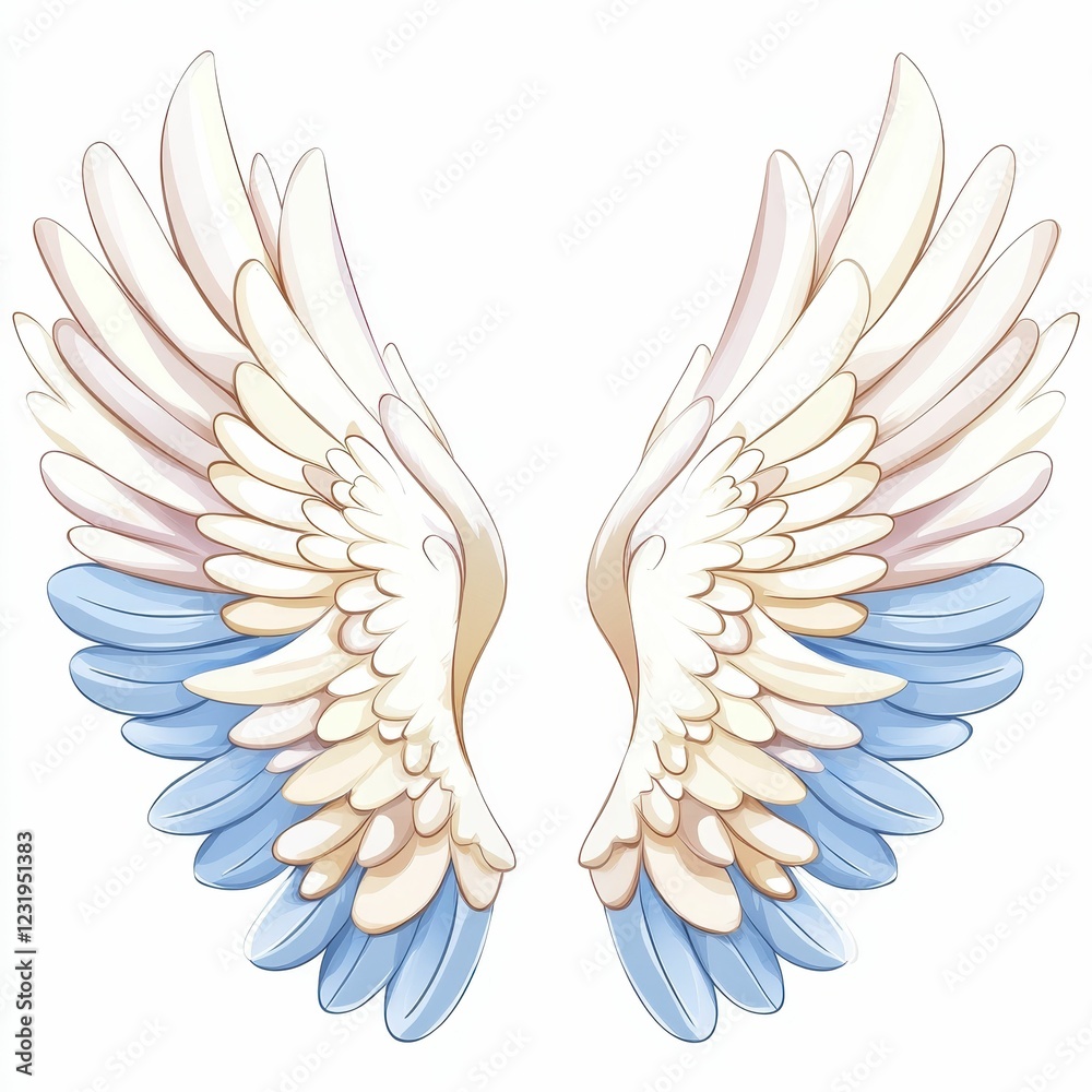 Obraz premium A beautifully illustrated pair of angel wings, showcasing soft pastel colors of white, pink, and blue, symbolizing freedom and spirituality.