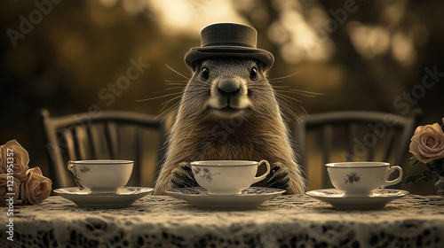 A Victorian-era groundhog, impeccably dressed in a tailored suit with a bow tie and pocket watch, stands proudly at the head of an elegant outdoor tea party. The scene is set in a charming garden, whe photo