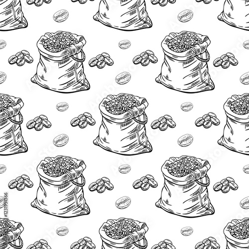 Engraving, bag of coffee beans, vector illustration in color and line sketch of seamless pattern