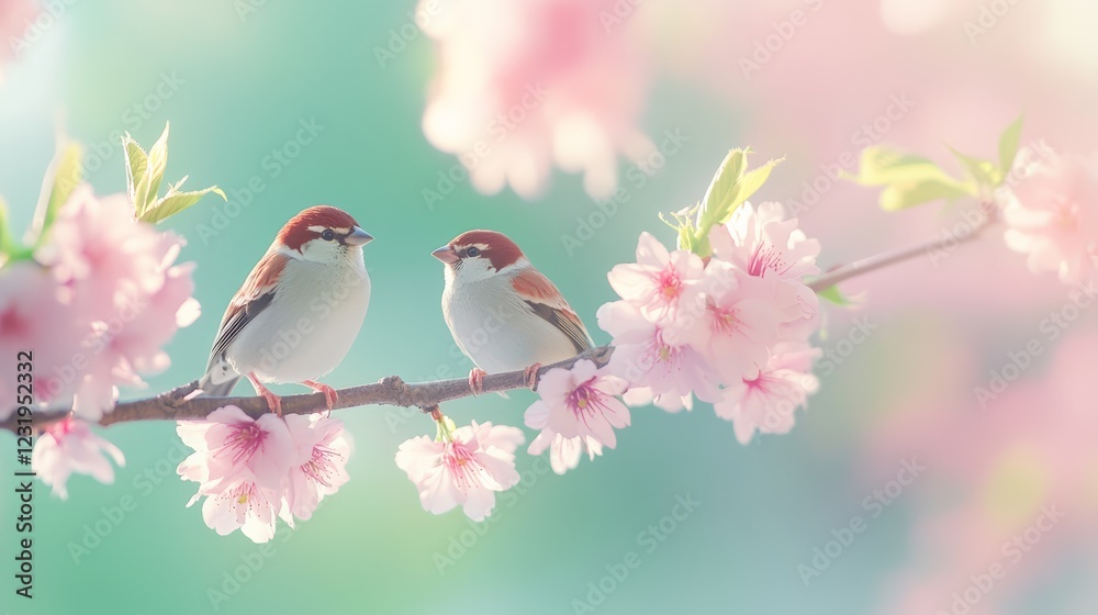 Fototapeta premium Two sparrows are perching on a cherry blossom branch, enjoying the beauty of springtime nature with delicate pink flowers and soft, dreamy lighting