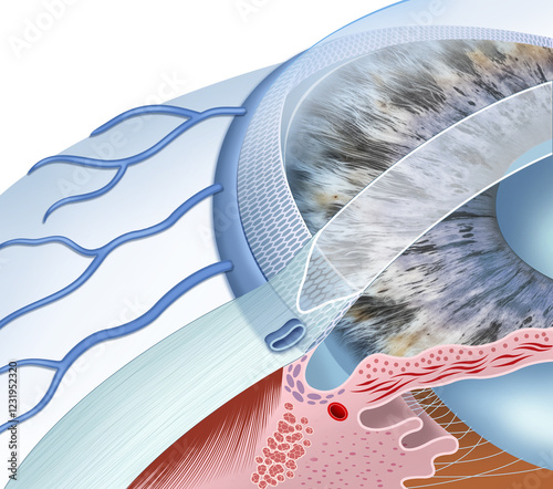 Diagram of the aqueous humor drainage system from the eye. This regulates intraocular pressure, and passes through the trabeculum and Schlemm's canal, preventing glaucoma.