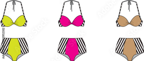 Striped High Waisted Bikini Set Fashion Flat Sketch