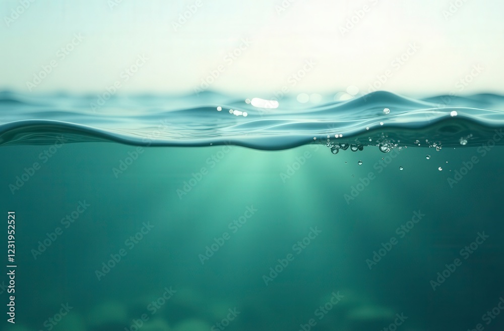 Obraz premium Half-underwater split view of turquoise ocean water with air bubbles and sunbeams