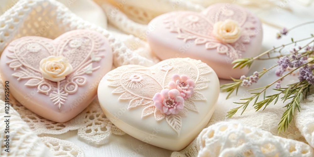 Fototapeta premium Heart-Shaped Delicate Confections Adorned with Lace and Flowers Resting on Lacy Fabric