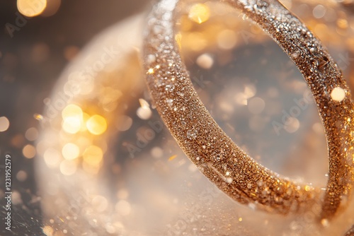 Softly glowing outlines of sparkling rings and necklaces emerge behind frosted glass, bathed in warm, golden light that adds an air of mystery and allure to luxury branding photo